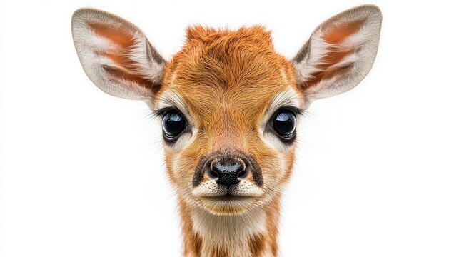 Adorable baby deer portrait, close-up, white background