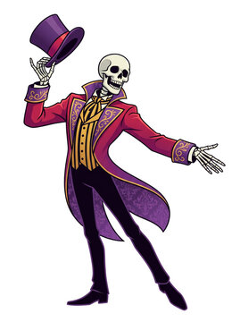 Isolated full body Halloween skeleton ringmaster holding hat