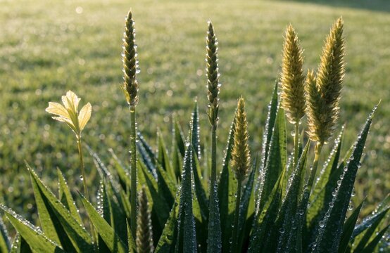 Fresh morning dew on thick green nutsedge grass in garden field