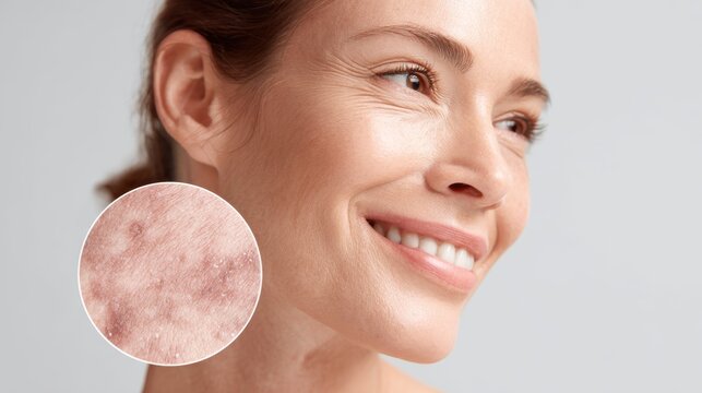 Soft smile of a woman showing skin texture and enlarged pores in a dermatology concept