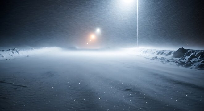 Snowy Winter Road Covered by Blowing Blizzard Under Bright Streetlights at Night