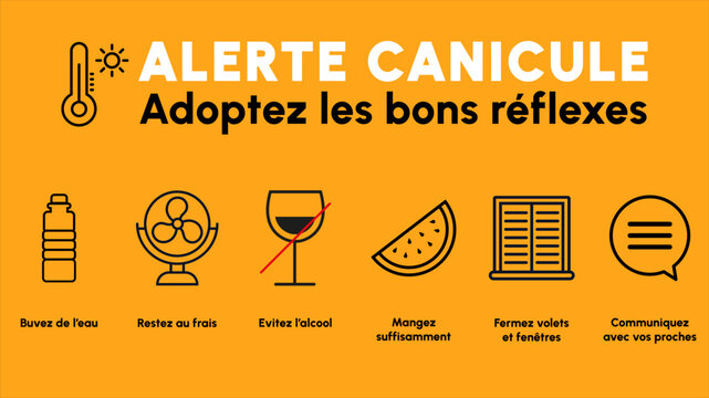 Affiche orange sur la pr&eacute;vention canicule avec pictogrammes : boire de l&rsquo;eau, rester au frais, &eacute;viter l&rsquo;alcool, manger, fermer les volets et appeler ses proches.