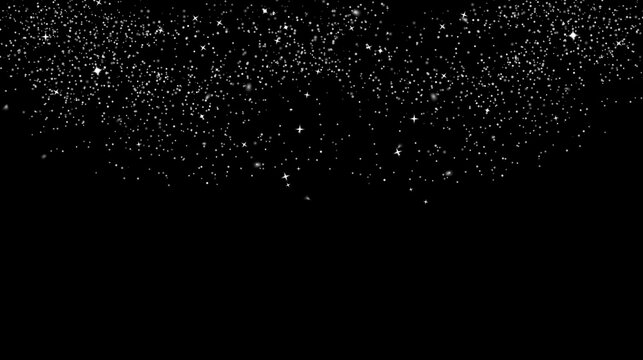 Elegant dark banner background featuring a cascading curved top border of luminous silver stardust, shimmering glitter crystals, and delicate bokeh stars