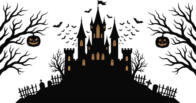 Spooky helloween day castle illustration with bats and jack o' lanterns