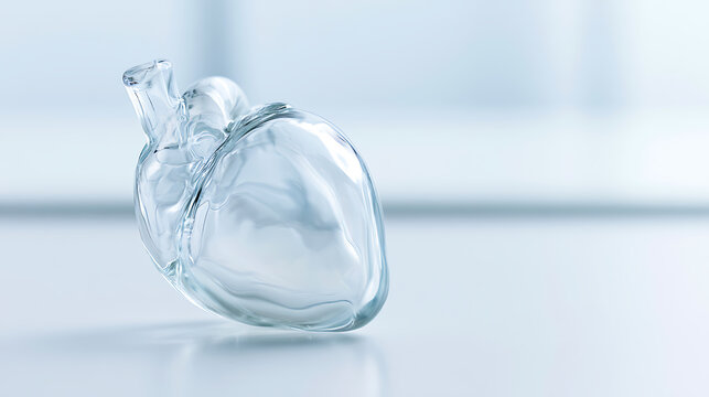 Transparent crystal heart model on a clean, light blue surface, representing healthcare, science, and medical innovation with clarity and precision