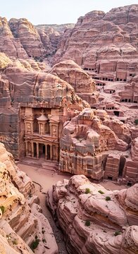 Ancient Rock Cut Treasury Facade Standing Among Red Sandstone Canyon Cliffs