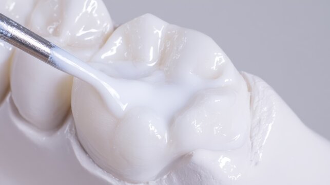 Fluoride varnish application on tooth enamel in a clinical setting