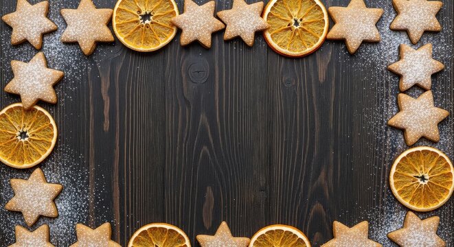 Star gingerbread cookies and dried orange slices with powdered sugar form a frame on dark rustic wood background with central copy space, celebration, winter, december
