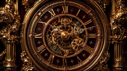 Obraz premium Ornate gold clock face with intricate sculpted figures and symbols