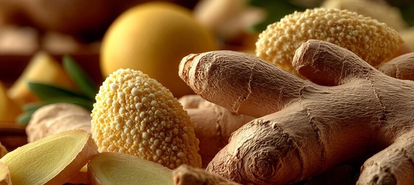 Close Up View of Fresh Ginger Root Pieces and Spices Prepared for Culinary Use in Warm Tones Image