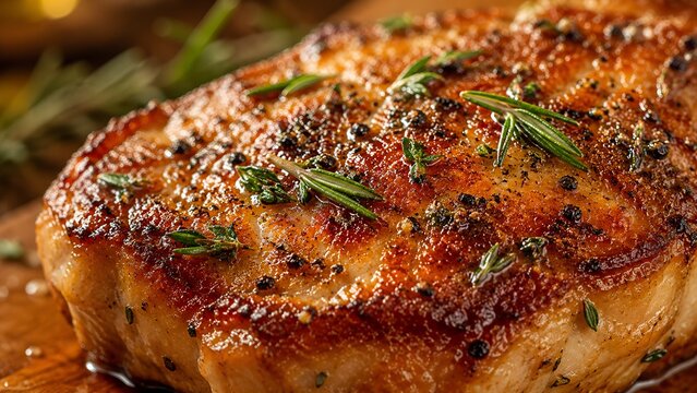 Roasted meat with herbs and spices on a wooden table