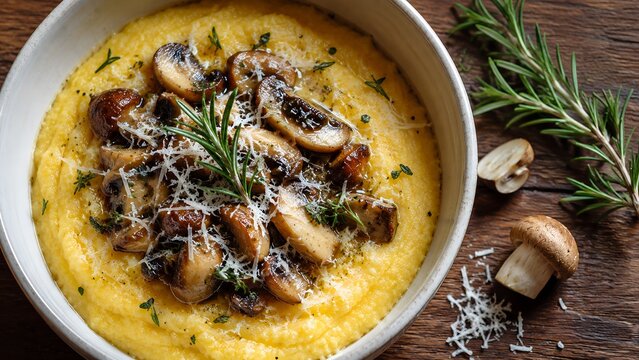 Creamy mushroom soup in a white bowl with fresh herbs and cheese