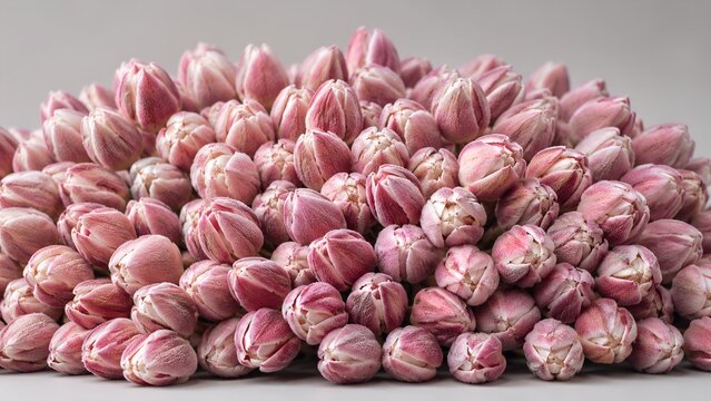 Pink candy wrapped chocolates pile on grey surface