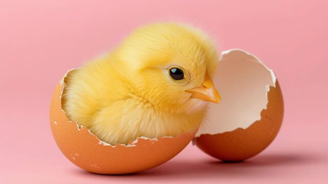 Cute yellow chick sitting in cracked eggshell on pink background. Easter concept with fluffy newborn bird in minimal studio style. High quality 4k footage