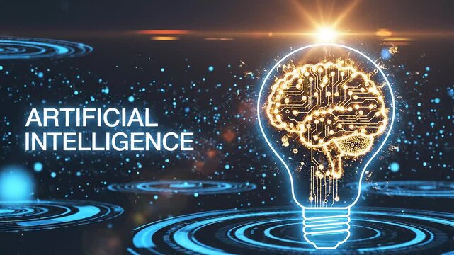 Artificial intelligence AI light bulb banner vector illustration with creative glowing neon light idea element. Futuristic dark blue technology concept ai video 4k