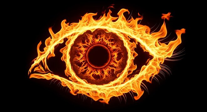 A fiery eye with flames encircling the iris and pupil, set against a black background