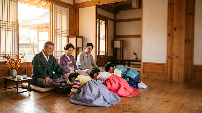 Korean children in hanbok bowing in traditional house morning light