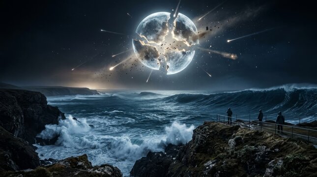 Moon Shattered by Catastrophic Cosmic Collision with Enormous Fragments Hanging in Night Sky Above Colossal Tidal Wave Ocean