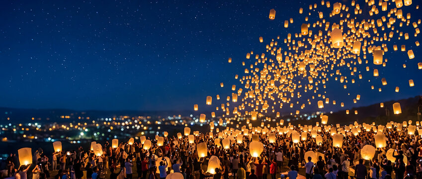 Sky lantern festival at night with glowing lights in panoramic view