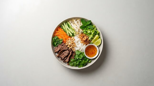A top down view of a fresh and healthy bun bo nam bo bowl featuring grilled beef, vermicelli noodles, crisp vegetables, and traditional nuoc cham sauce.