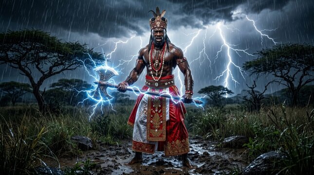 Shango Yoruba Orisha of Thunder and Lightning Standing in Savanna Storm Holding Double-Headed Axe Crackling with Electricity