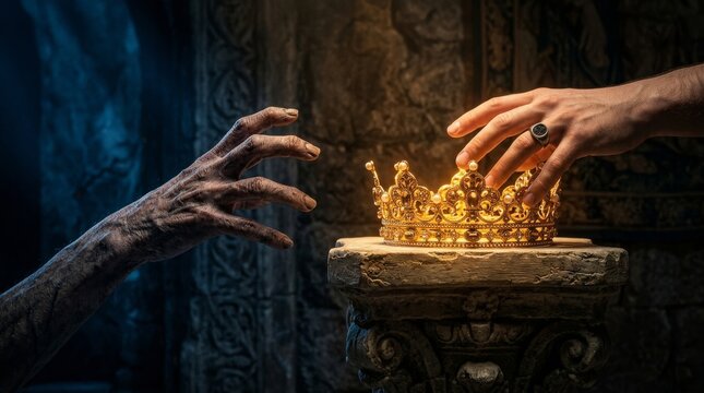 Withered Hand and Reaching Hand Framing a Glowing Golden Crown Just Out of Reach on a Pedestal Symbolizing Envy
