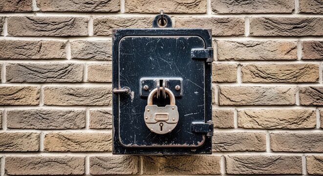 Weathered industrial fusebox made of dark metal hangs on a brick wall, featuring a secured hatch with a heavy, rusty padlock on the front side, retro, electricity, workshop