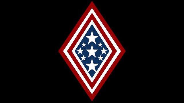 Animation of Bold diamond-shaped emblem featuring red and white stripes surrounding a blue field with white stars, evoking American patriotism, national pride, vintage insignia and etc