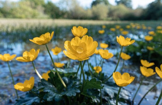 Wild Yellow Creeping Buttercup Flowers Blooming in a Wetland Field