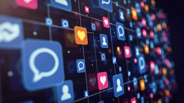 Social media with heart, speech bubble, and user symbols on a dark grid background