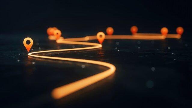 Glowing orange path with location pins on a dark textured surface