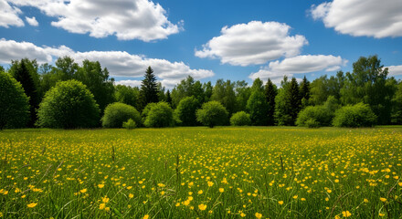 Fototapeta premium Summer meadow with green grass and yellow flowers under blue sky with clouds, beautiful nature landscape.