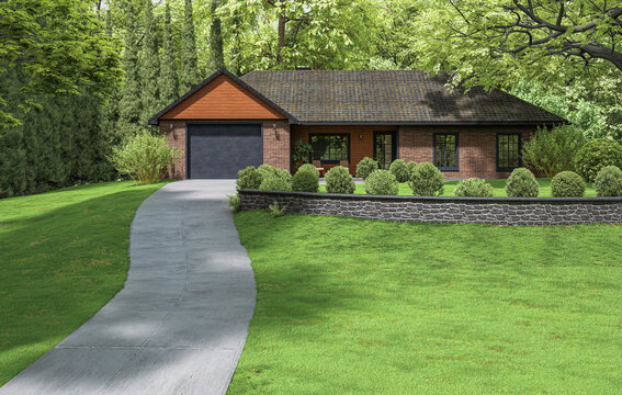 Modern brick house with garage, concrete driveway and lawn front yard