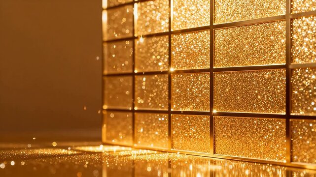 Golden glitter wall tiles with reflections