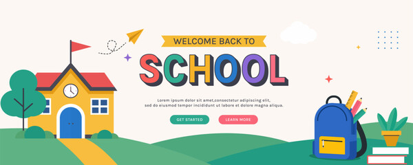 Naklejka premium Colorful back-to-school illustration featuring a schoolhouse, backpack, pencils, notebook, and welcoming text.