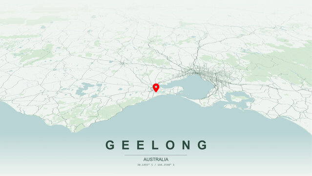 Modern minimalist vector map of Geelong, Victoria, Australia. High-quality scalable illustration of Geelong city grid, Corio Bay waterfront layout, Barwon River loops for posters design.