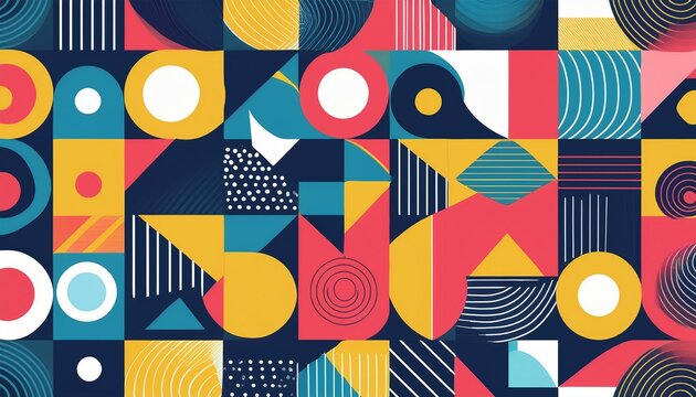 abstract geometric pattern with circles squares and triangles in bold colors
