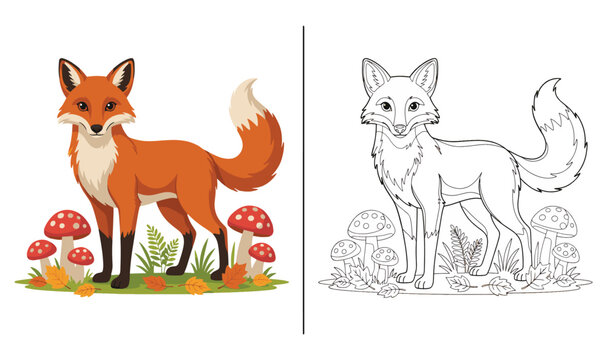 Red fox standing in a field of mushrooms and flowers for kids to color