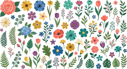 Colorful floral element collection featuring vector rose tulip poppy garden flowers and botanical leaves illustration set for greeting card decoration © ALOMGIR