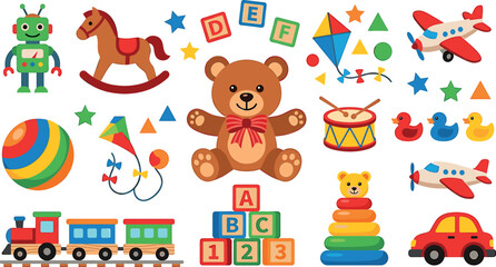 Fototapeta premium Colorful kids toys collection vector set with teddy bear train robot rocking horse and alphabet blocks for children nursery playroom design