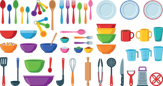 Colorful kitchen utensils and tableware vector set featuring flat illustrations of plates bowls cups measuring spoons and cooking tools