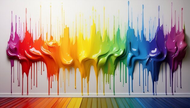 vivid rainbow paint slowly dripping down a pristine white wall bright studio lighting to capture every hue paint streaks blending smoothly the flow creating organic patterns a sense of artistic