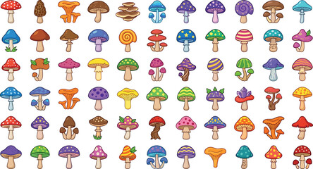 Colorful mushroom vector icon set featuring fantasy forest fungus magic amanita chanterelle and edible autumn boletus illustrations © ALOMGIR