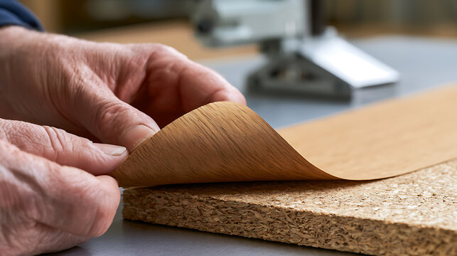 Skilled hands apply a natural wood-look veneer to a chipboard panel, showcasing craftsmanship and material preparation in a workshop setting
