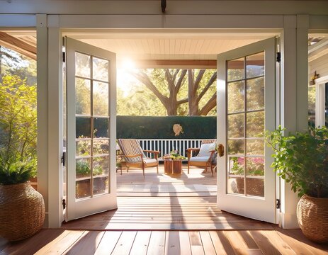 french doors opening to patio in a cottage home inviting residential interior scene for home decor real estate and lifestyle campaigns bright natural light charming architecture calm atmosphere