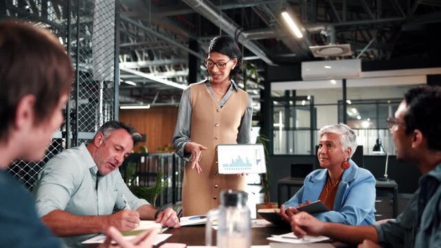 Office, presentation and woman with tablet screen, data analysis or investment management on website. Business people, talk and financial forecasting with research, graphs and collaboration with info
