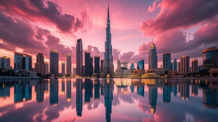Fototapeta premium City Skyline With Burj Khalifa at Sunset Over Water in Dubai, Showcasing Tall Buildings and Colorful Clouds Reflecting in Water