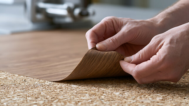 Close-up of hands applying a flexible wood veneer to a textured chipboard surface, showcasing meticulous craftsmanship and material work
