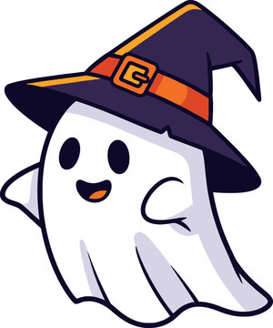 Cute Halloween Ghost wearing Witch Hat Vector Illustration