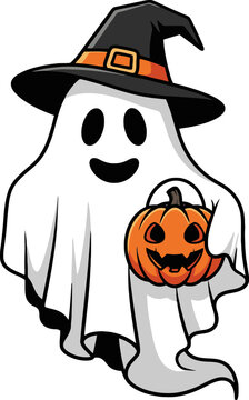 Cartoon Halloween Ghost with Witch Hat and Jack o Lantern Bucket
